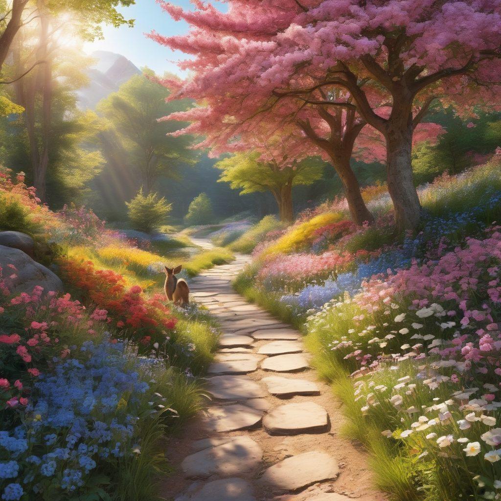 A whimsical landscape featuring a winding path through a colorful forest filled with vibrant flowers and playful animals, symbolizing freedom and joy. Include a group of diverse millennials laughing and dancing, showcasing the spirit of carefree living. The scene should exude warmth and positivity, inviting viewers to explore. super-realistic. vibrant colors. sunny atmosphere.
