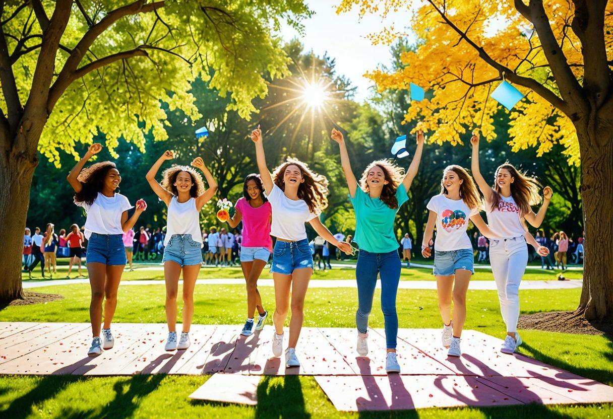 A vibrant scene depicting a group of joyful teens engaged in various activities that promote happiness, like dancing, painting, and playing music in a sunlit park. The background should show blooming flowers and sparkling sunlight filtering through trees, symbolizing growth and satisfaction. Include elements like laughter and creativity, showcasing the dynamic and lively essence of teen life. super-realistic. vibrant colors. cheerful atmosphere.