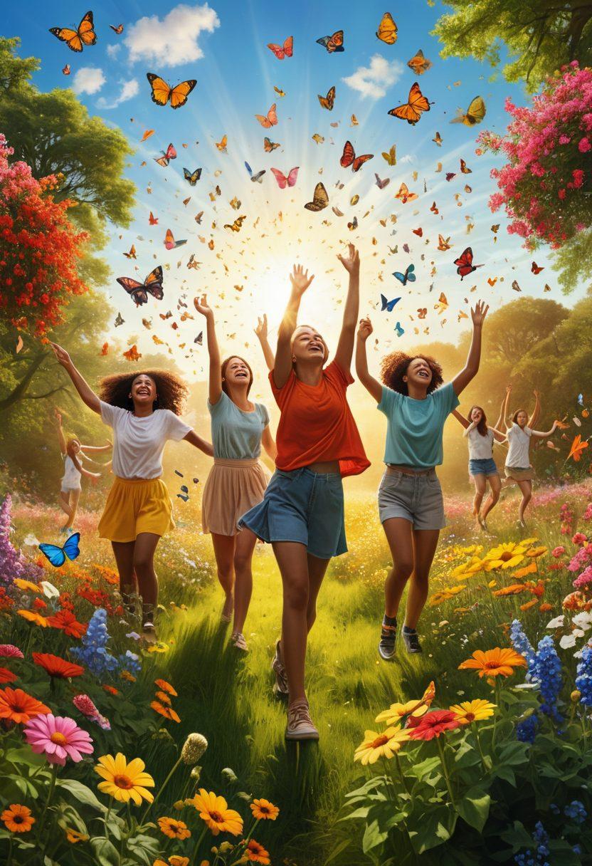 A vibrant collage depicting a diverse group of young people engaging in joyful activities such as dancing, playing sports, and exploring nature, surrounded by colorful flowers and uplifting symbols like sun and butterflies. The scene should radiate optimism and energy, showcasing the spirit of youth and camaraderie. The background should be bright and lively, inviting feelings of happiness and positivity. super-realistic. vibrant colors. sunny day.